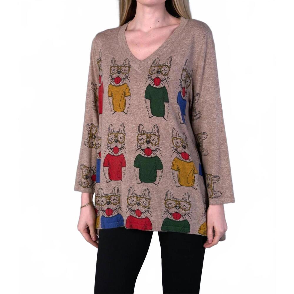 NEW SHANA APPAREL dog v-neck tee in tan with multicolor